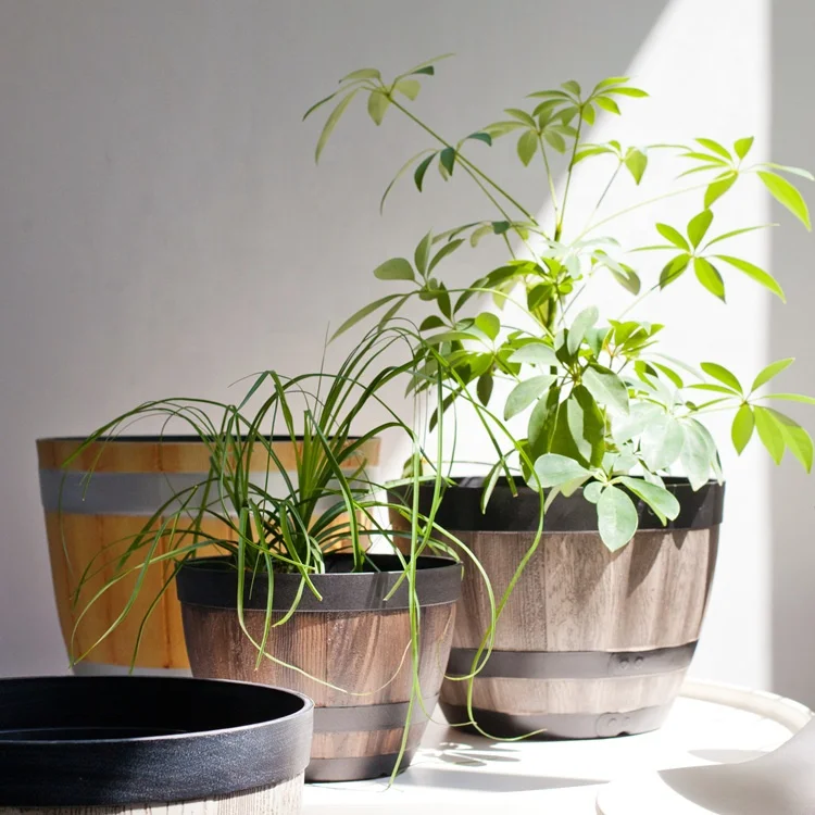 Outdoor Indoor Balcony Wood Bucket Garden Home Decor Modern Round Plant Flowerpot Plastic Planter Pot