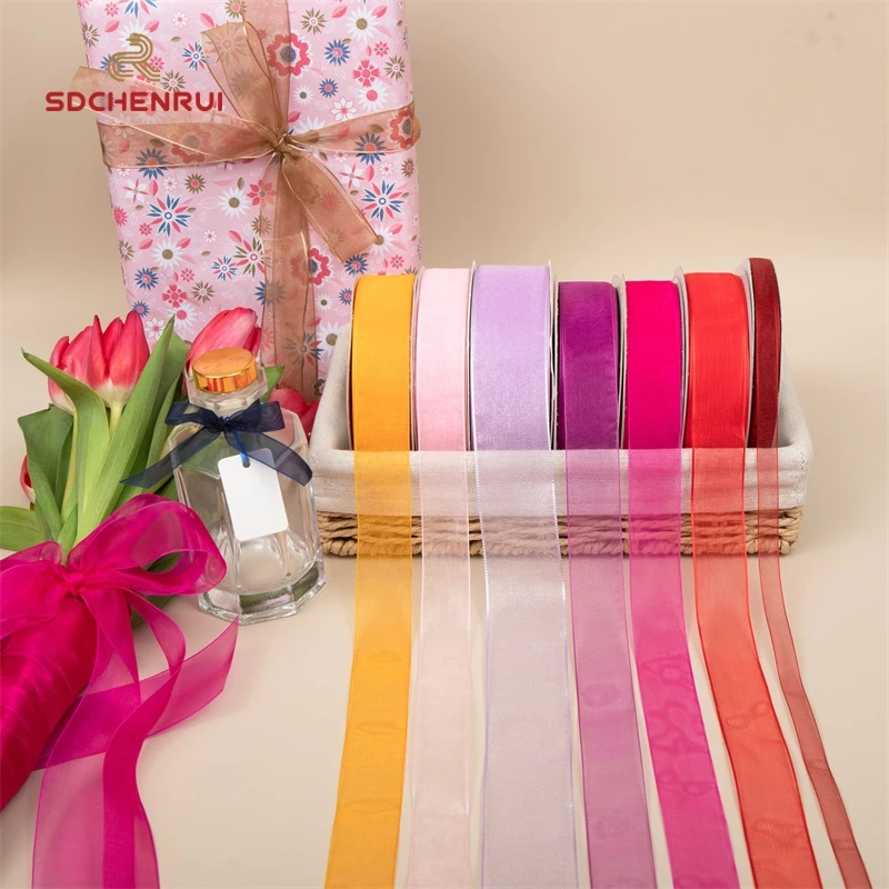 Good Quality solid color sheer Organza Ribbon Transparent colorful silk Chiffon Ribbons for gift packing box perfume Decoration
