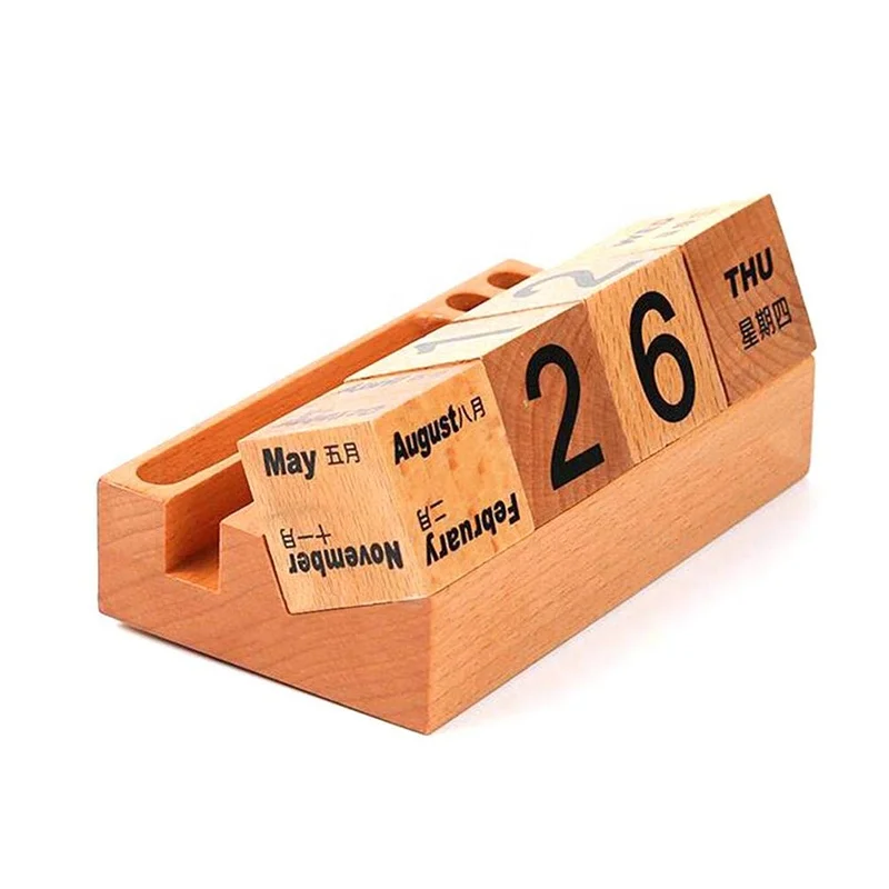Hot Sale Exquisite Popular Wooden Desktop Calendar with Pen Holder Wooden Calendar