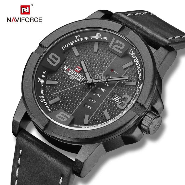 NAVIFORCE 9177 Top Quality Leather Strap Creative Day Calendar Unique Men Watch