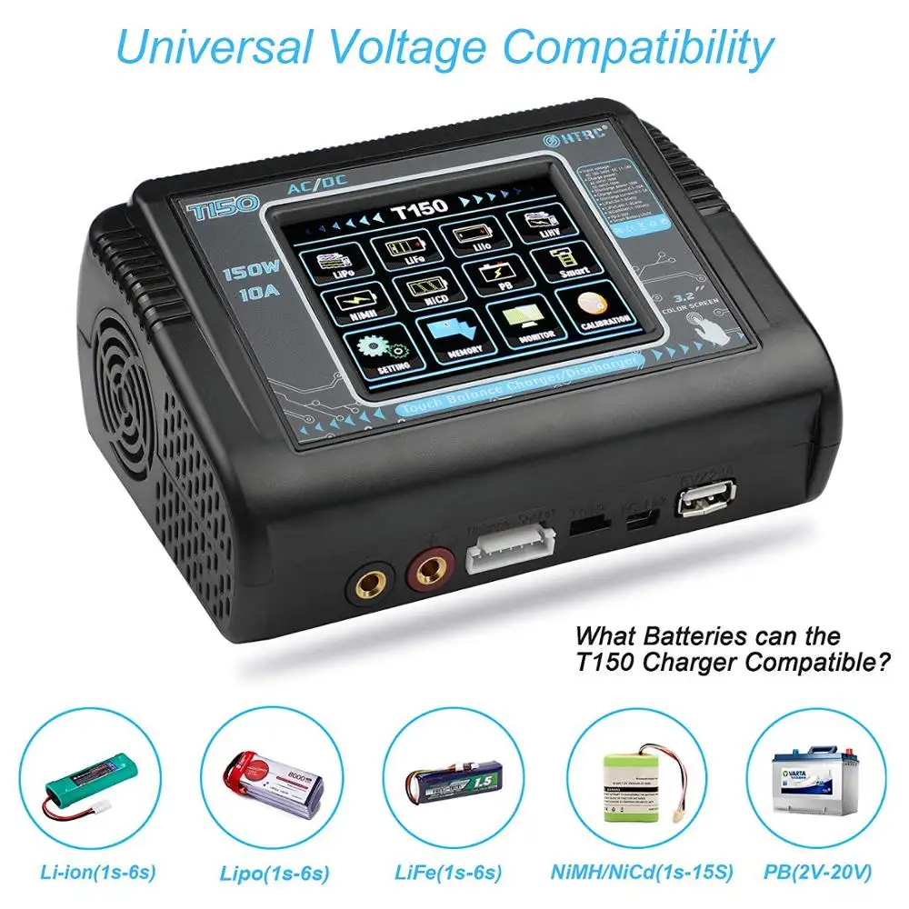 Hot HTRC T150 AC/DC RC Lipo Balance Smart Charger Discharger 150W 10A Touch Screen for LiPo LiHV LiFe Lilon NiCd NiMh Pb Battery