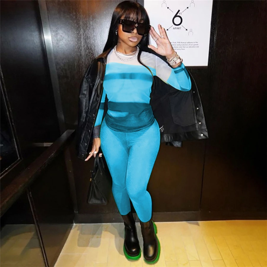 Nibber K21S07575 Autumn High Streetwear Y2K Print Stripe Long Sleeve Mesh Top Sheath Slim Body-Shaping Pants Women Two Piece Set