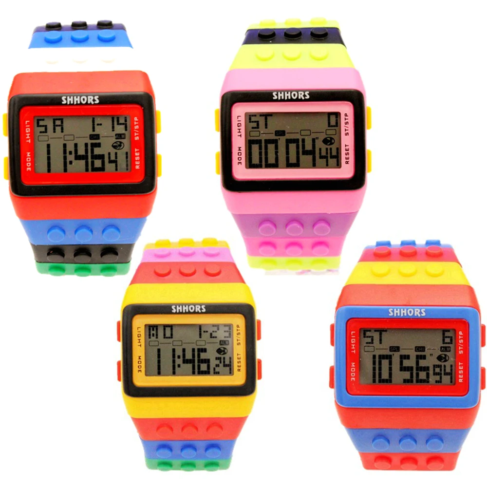 Unisex Rainbow Mens Women Plastic Big Digital Watch Multi-Function Light Up Students Waterproof Alarm DIY Bracelet Watches Clock