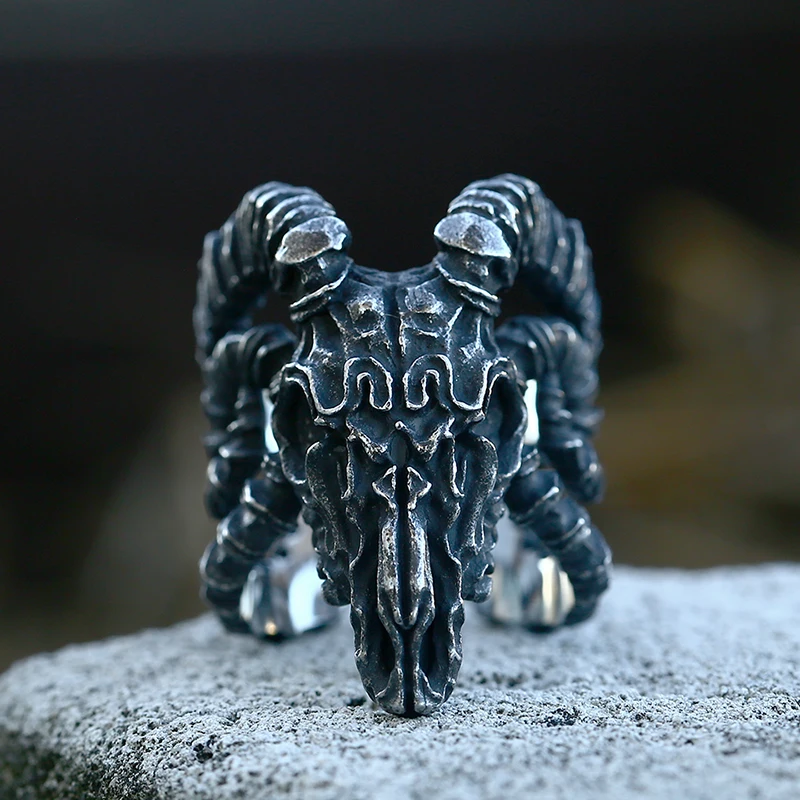 SS8-921R New Design Gothic Exaggeration Demon Satan Ring Vintage Color Skull Sheep Head Ring For Men Women Punk Jewelry