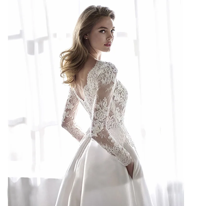 Wedding Spring Summer Autumn Winter Satin Lace Slimming Fashion Bride Long Sleeve Halter Tail Wedding Dress