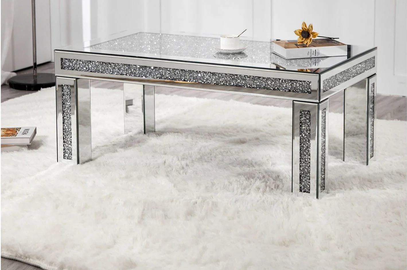 Rectangular Modern Luxury Mirrored Furniture Sliver Centre Table Crushed Diamond Mirrored Coffee Table for Living Room