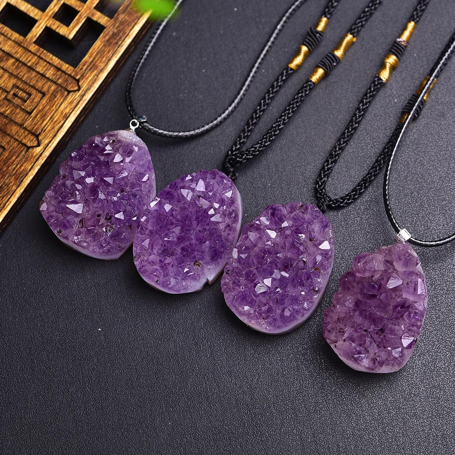 Big Gemstone Amethyst Drusy Crystal Teeth Water Drop Amethyst Crystal Cluster Crystal Druzy Pendant Necklace