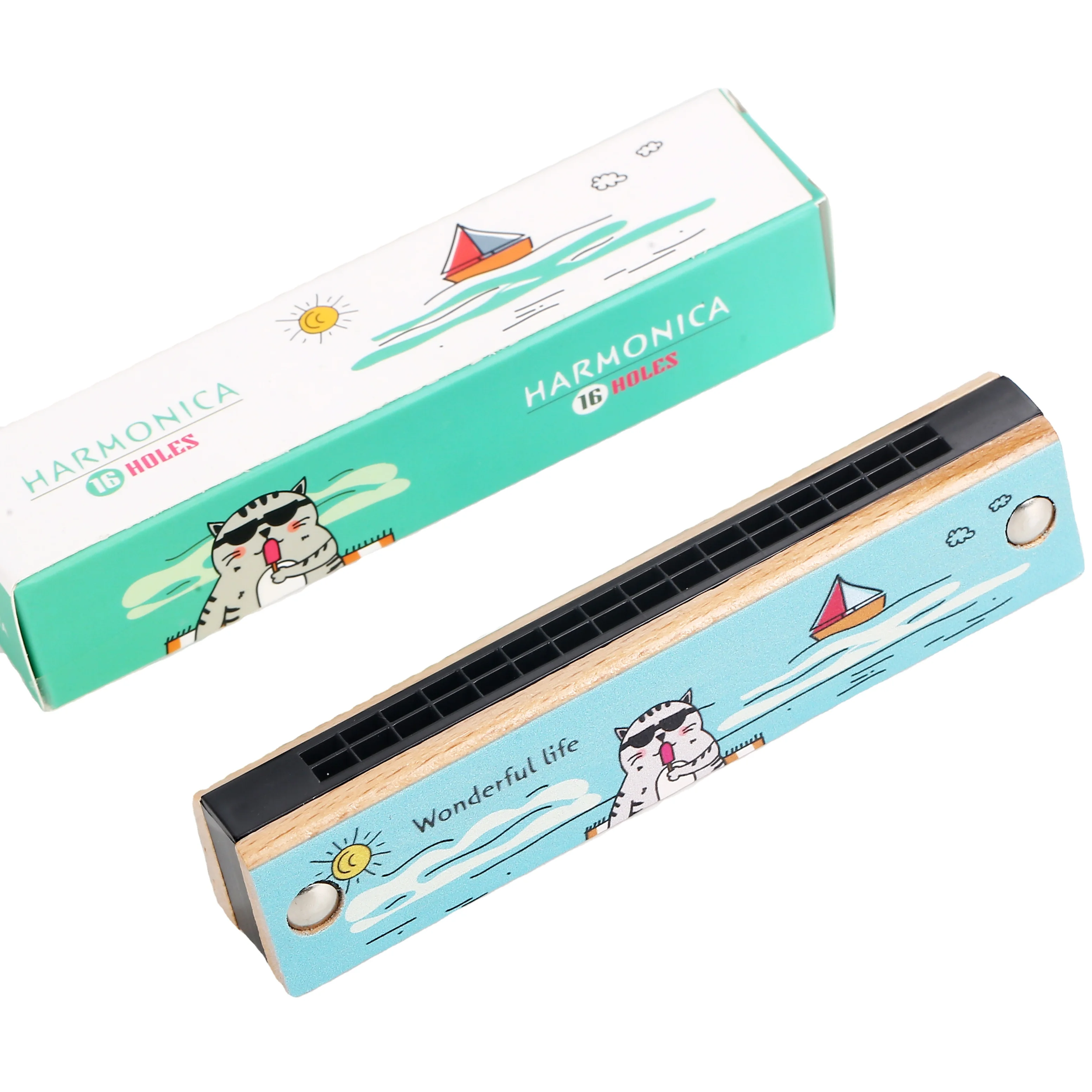 Wooden Cartoon 16 Hole Double Row Harmonica Wooden Children Body Wood Material