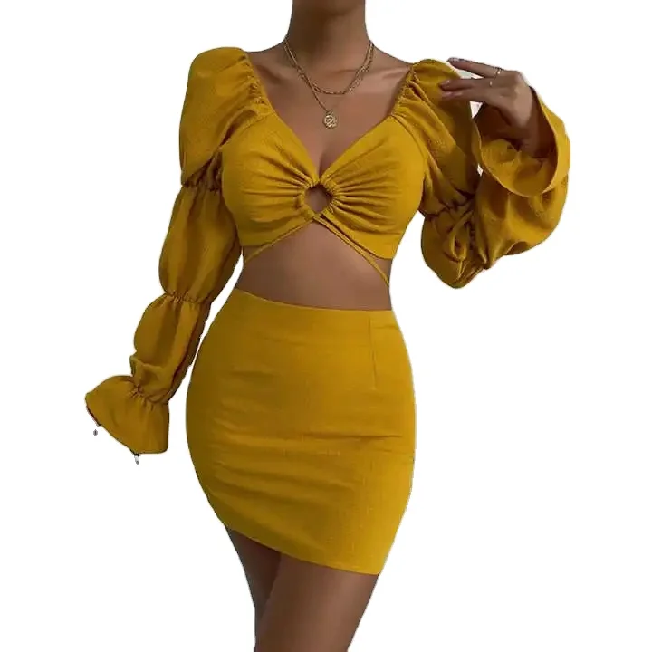 Women Lady Summer Women Summer Solid Colors Long Sleeve Tops Outfits 2 Pieces Skirts Sets Sexy Dress