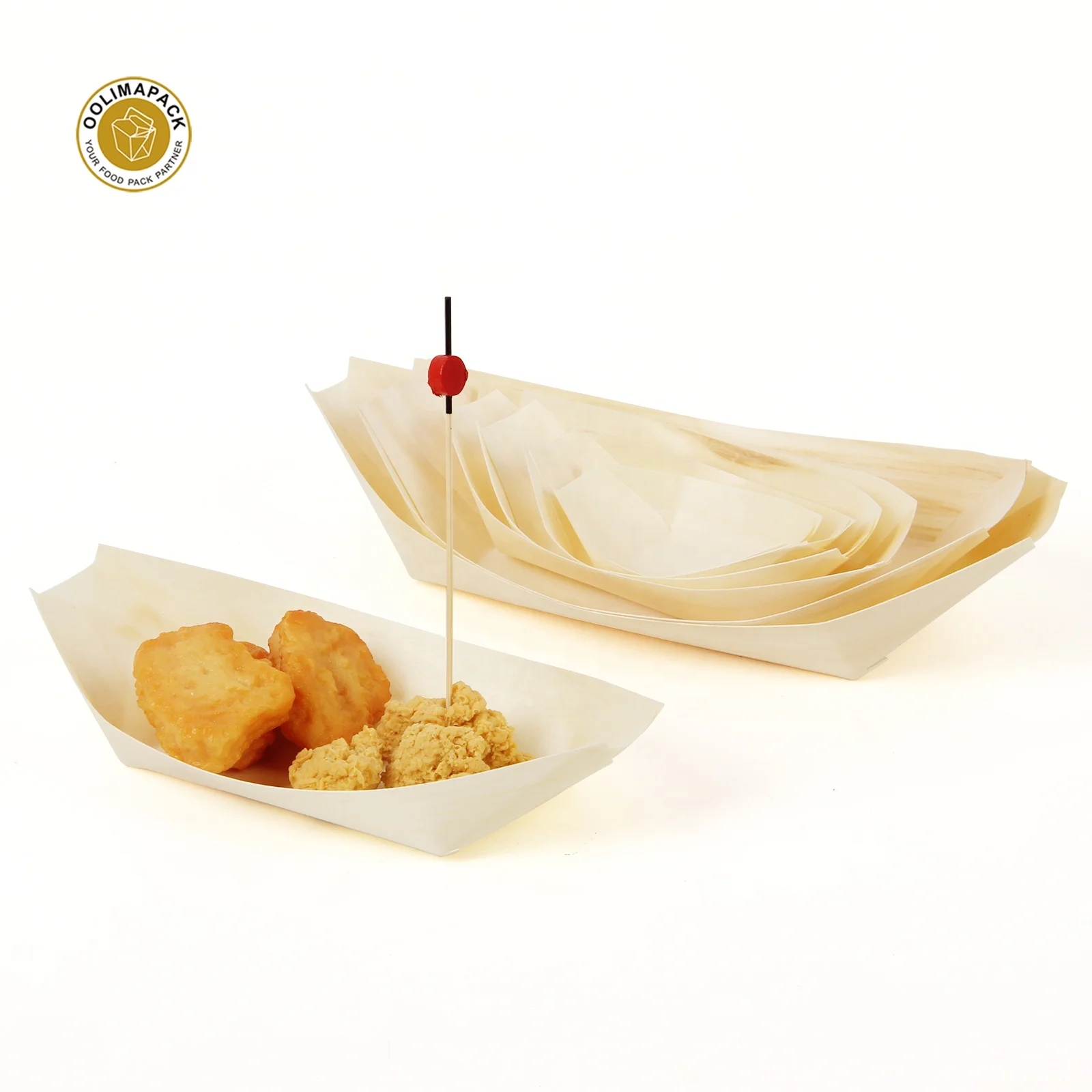 Hot Selling Recycled Wooden Food Boat Sushi Tray and Bamboo Ring Skewers for Snack