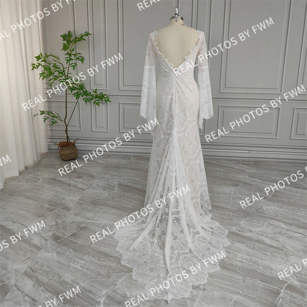 100% Real Photos High Quality Boho Flare Sleeves Lace Wedding Dress For Bride Woman Open Back Bridal Gown With Train Custom Made