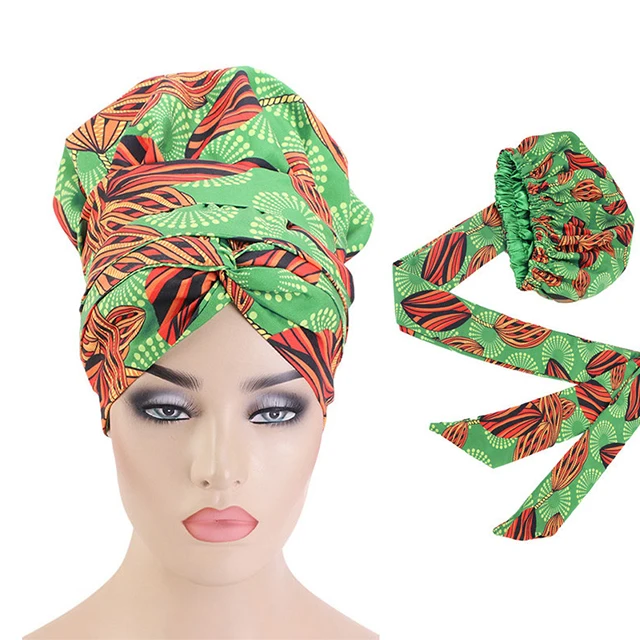 OEM African Print Stretch Bandana Head Wrap Long Scarf satin Floral Ankara Dashiki Women Party Turban Headwear  Hair Accessories