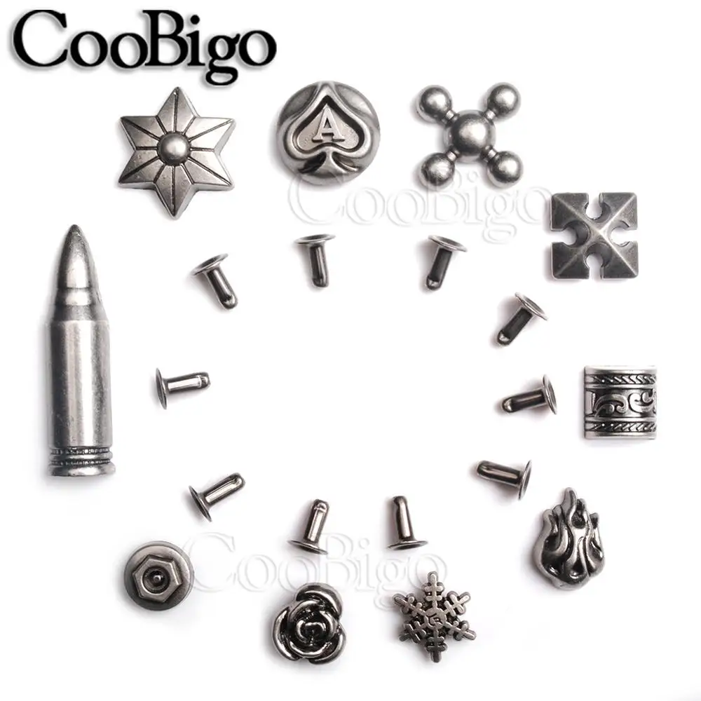 100 sets/Pack Pewter Studs Rivet Spikes Punk Rock Garment Shoe Bag Pets Collar Leather Craft Parts Rose Flame Snowflake #GZ112