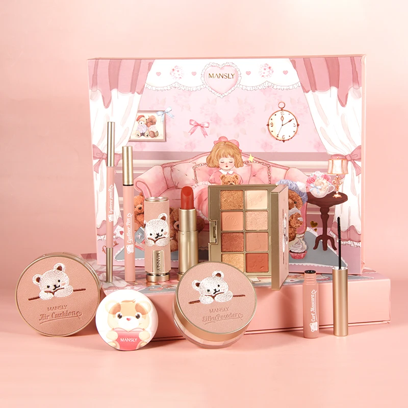 2021 Christmas Cosmetics Sets Lovely Bear 8 In 1 Lipstick Mascara Air Cushion Face Makeup Gift Set For Girls