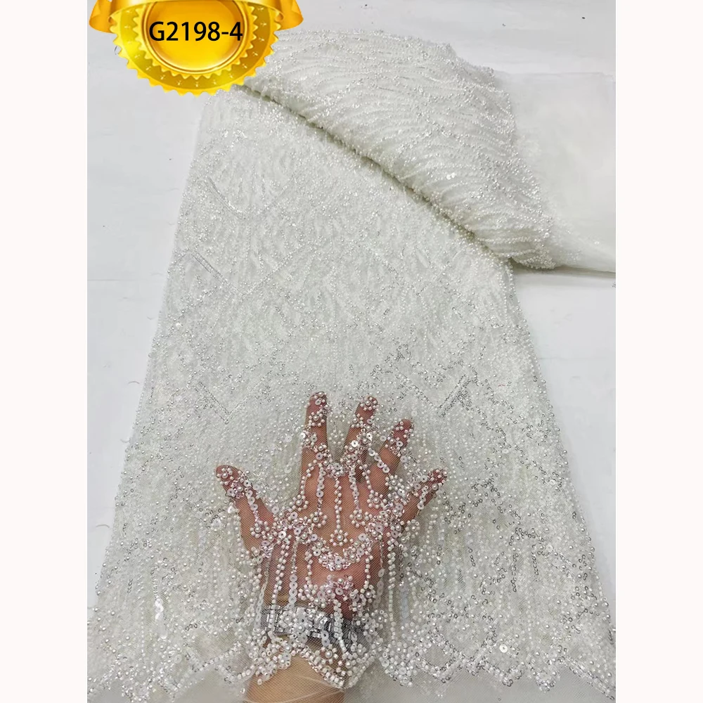 G2198 Luxury Beads White Color French Lace Fabric With Pearl And Embroidery Sequins For Bridal Wedding Dress Wear