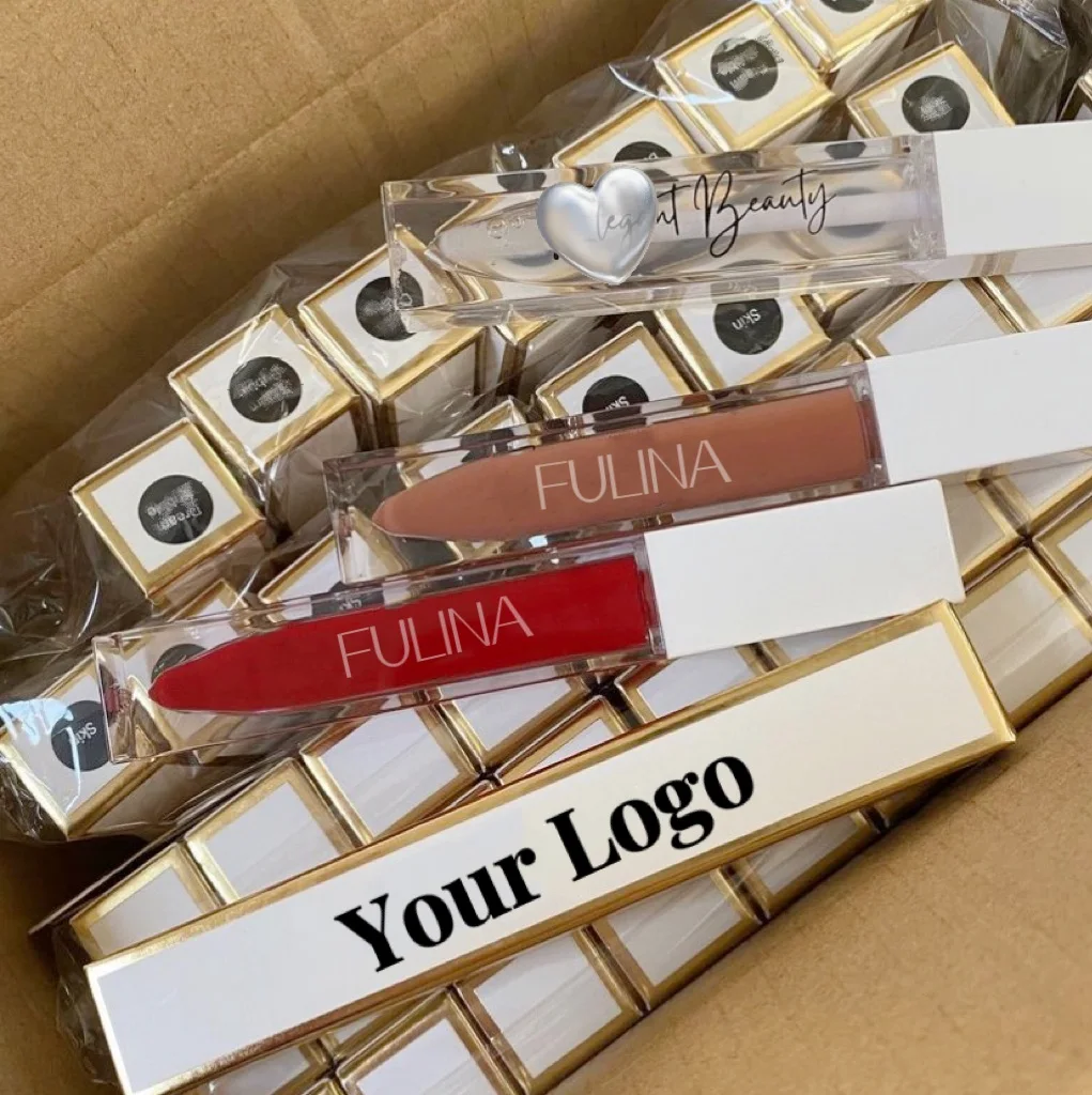 matte velvet liquid lipstick glossy lip gloss vegan private label white paper box packaging cruelty free logo custom