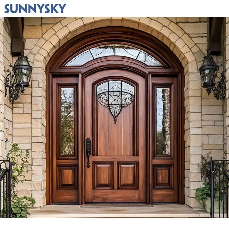 Sunnysky Luxury arched double wooden front entry doors design exterior arch top solid wood main entrance door with glass