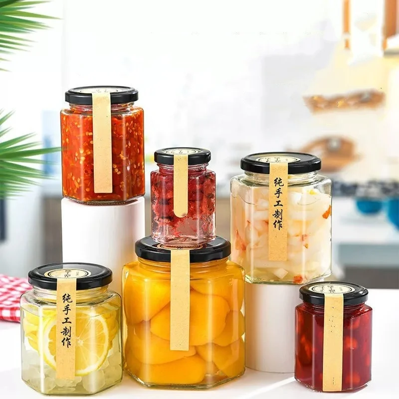 Hot Selling 100ml 180ml 280ml 380ml Thickened Iron Lid Hexagonal Transparent Glass Honey Bottle