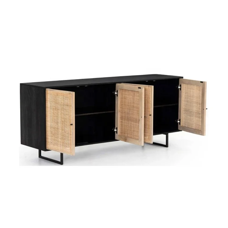 BELLEWORKS OEM ODM Rattan Storage Cabinet Kitchen Furniture Modern Black Metal Wood Rattan Sideboard