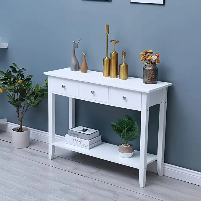 White Console Table with Shelf and Drawers Modern Entryway Wooden Hallway Bedroom Console Side Table