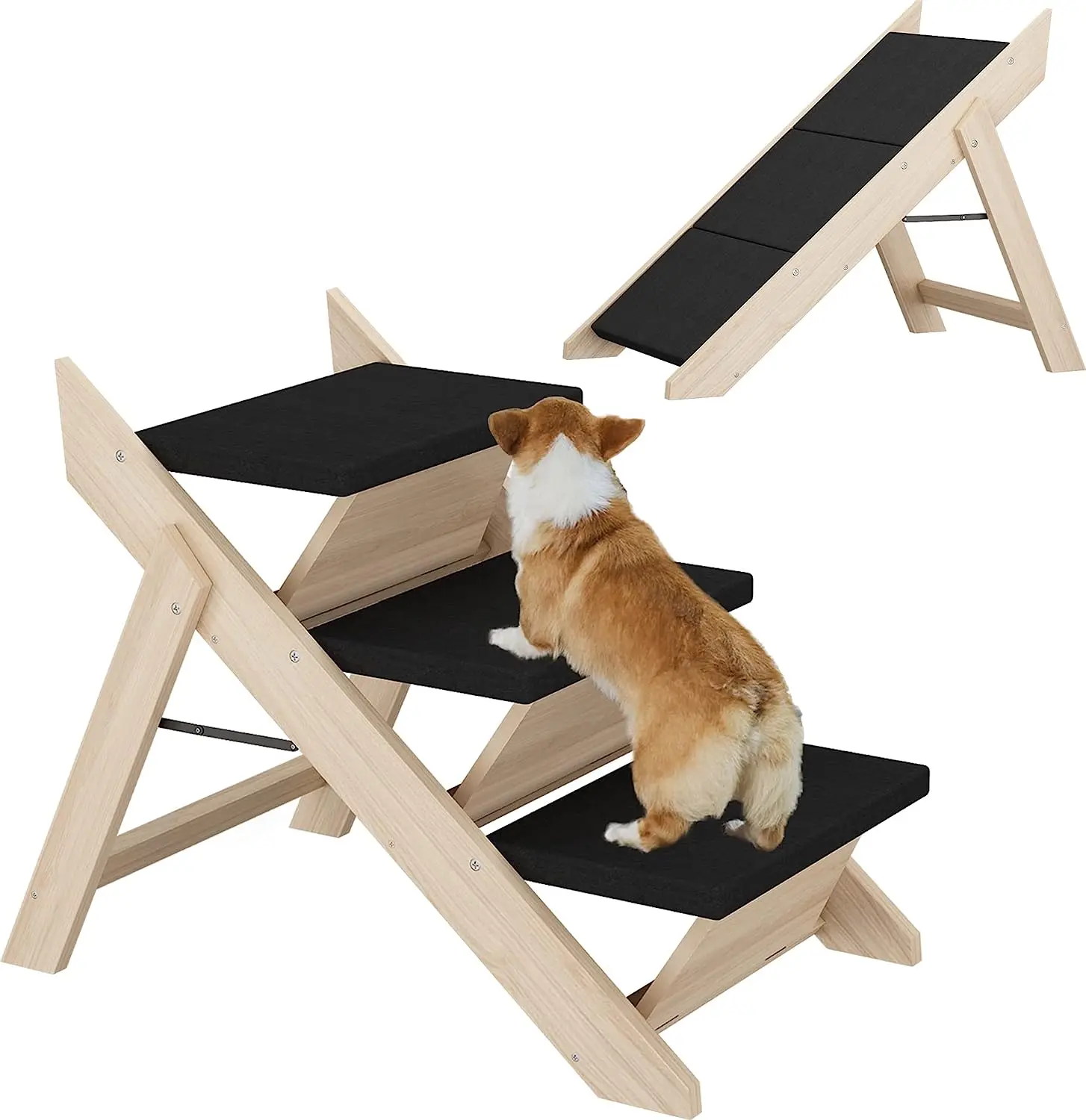 Wood Dog Step Stair Pet Ramp Foldable Pet Stairs Steps for Dogs and Cats 2-in-1 Dog Ramp