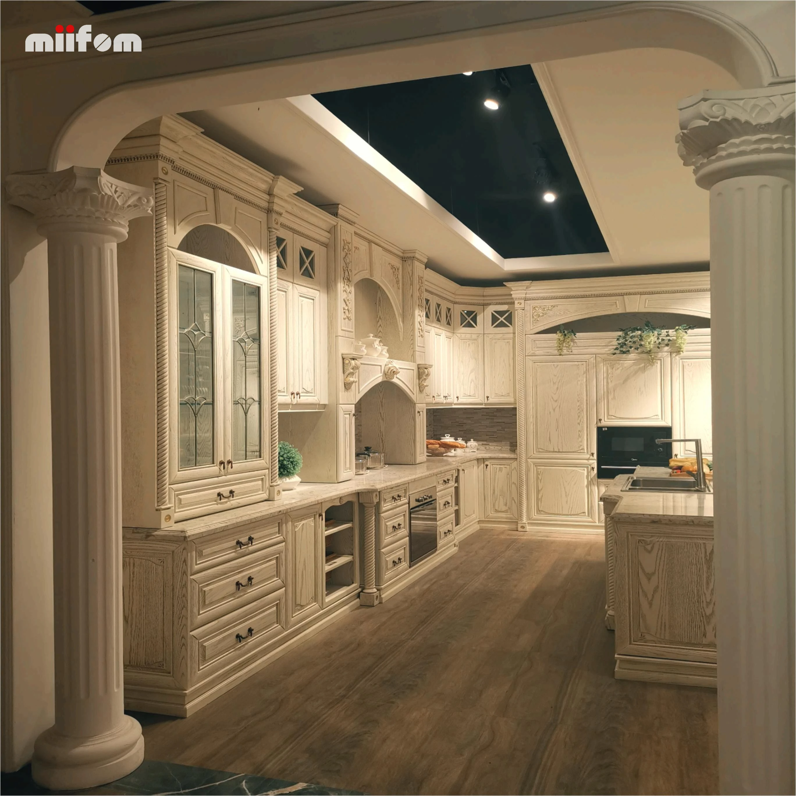 Victorian style European antique white wood grain lacquer kitchen cabinets