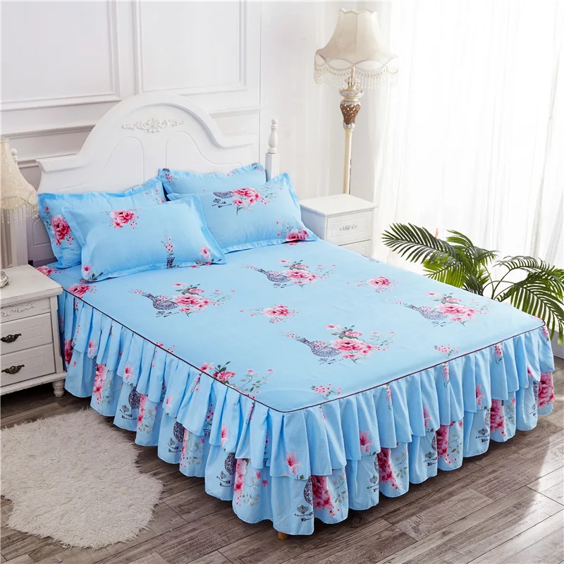 Hiqh Quality Bed Skirts Set Double Layer Bedspread Floral Printed Bed Sheet Bilateral Bed Skirt Bedding Bedsheet