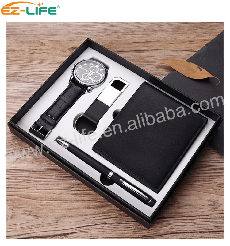 2021 New Design Premium Business Gift Set Pen  Promotion father gifts with Black Watch Keychain Wallet and Pen for father man
