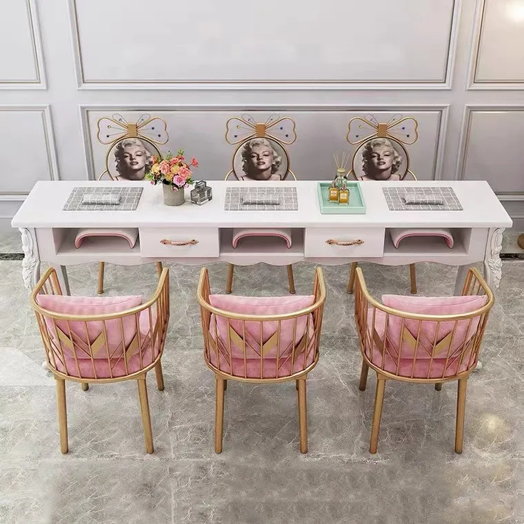 Wholesale Modern Pink Manicure Station Manicure Table And Chairs Metal Nail Bar Table