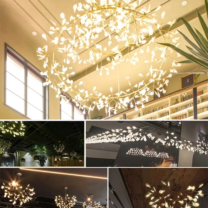 Living room chandelier Romantic Firefly LED Light Stylish Tree Branch Metal Round Dining room Restaurant Ceiling Chandelier