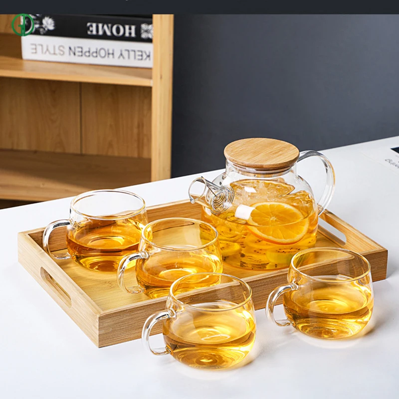 Heat Resistant Handmade Borosilicate Bamboo Lid Glass Teapot With Tea Cups Set In Gift Box