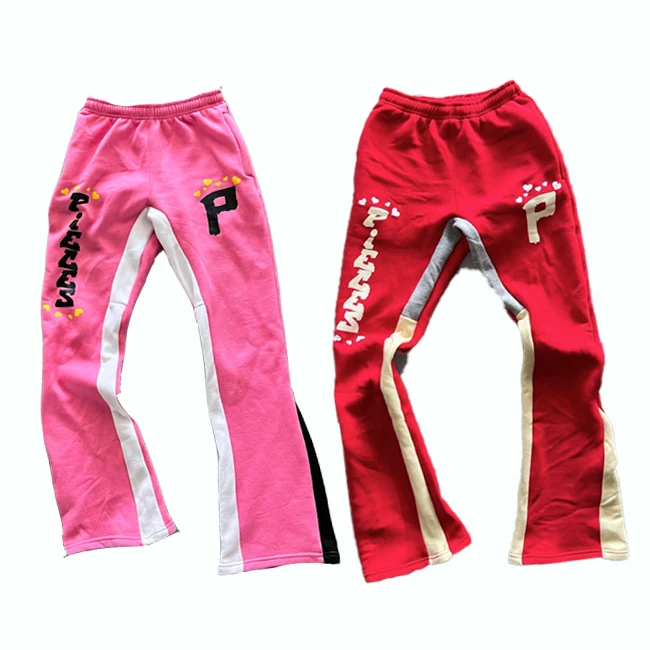 Screen Printing Streetwear OEM Custom Graphic Stacked Sweat Pants Men High Quality Terry Flare Sweatpants