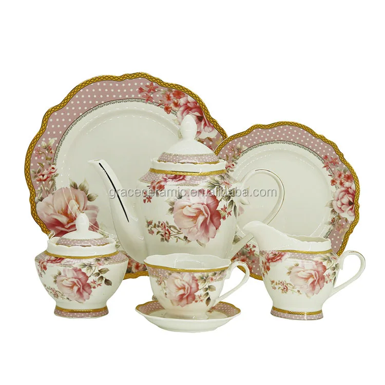 Vintage Floral Design Turkish Pink Bone china Ceramic Dinner Set Porcelain With Gold Rim