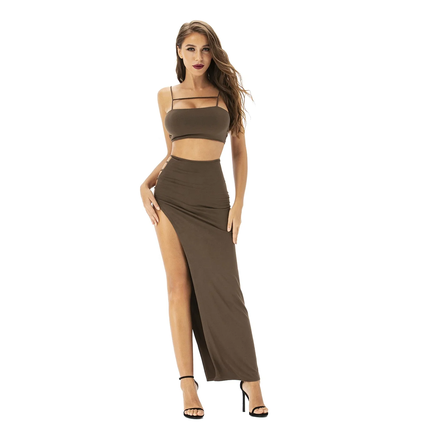 Wholesale price women summer clothes fashion 2 piece set clubwear spaghetti strap dresses high slit party club dress