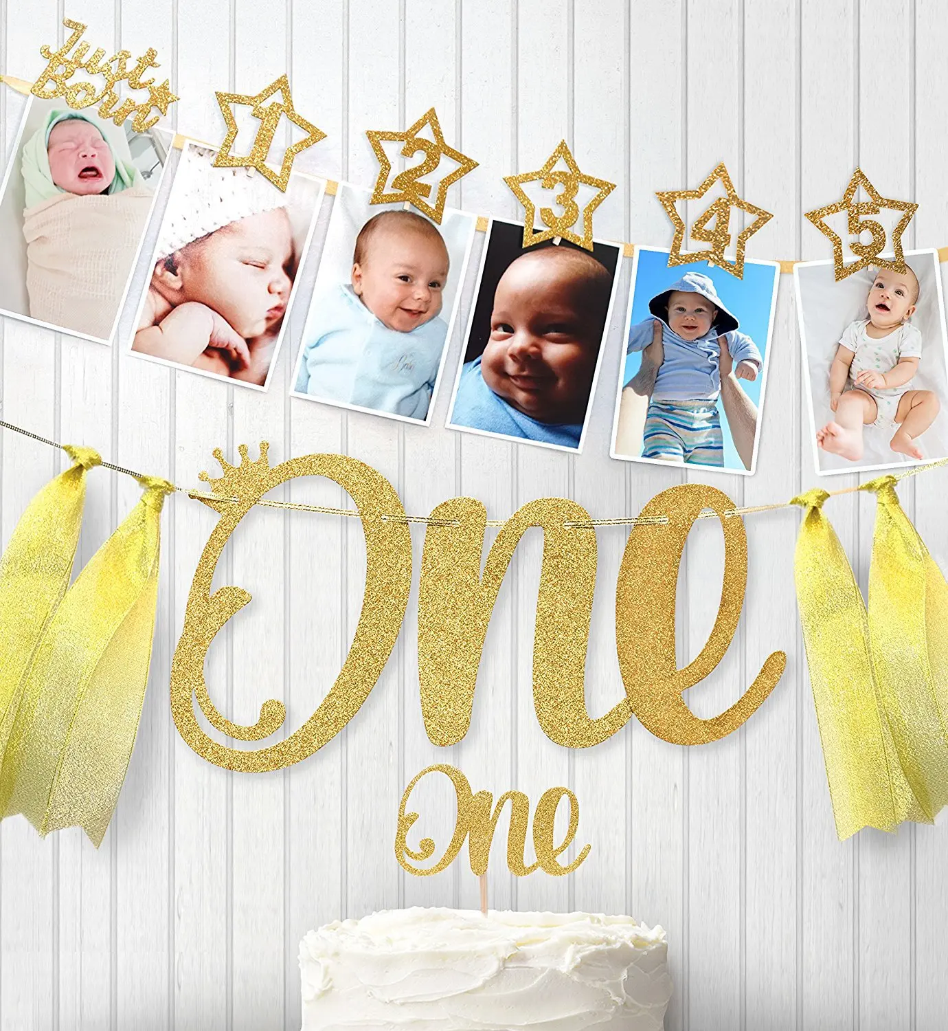 Glitter Newborn Baby 1-12 Months Monthly Milestone Photo booth Props frames Banner Bunting Garland for ONE Birthday Party Decor