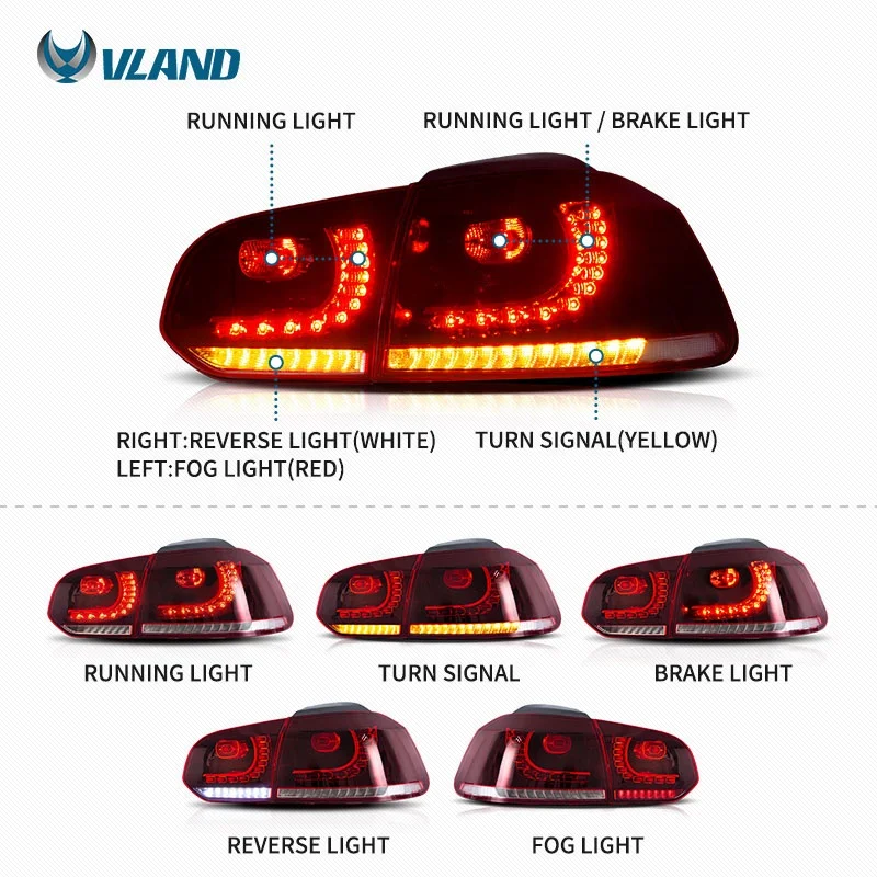 VLAND Factory Wholesales LED Taillights Rear Light mk6 GOLF6 R 2008 2009-2013 Sequential Lamp For VW golf 6 tail light