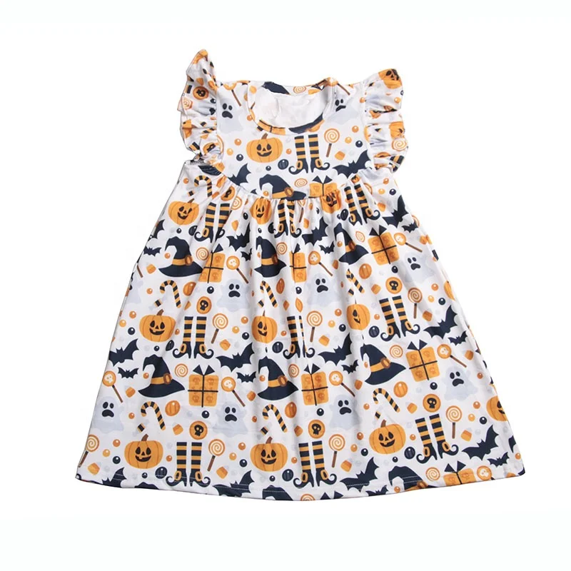 Wholesale New Born Baby Halloween Pumpkins And Witch Hats Print Flutter Sleeveless Dress For Kids Girls