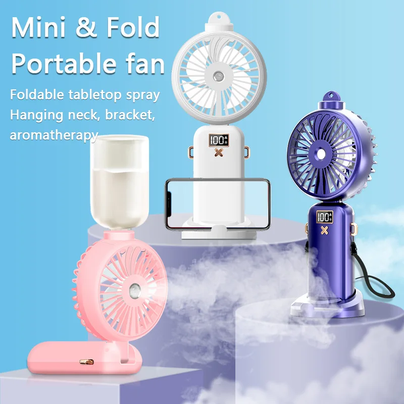 2500mAh Portable Personal Water Spray Mist Fan Hanging Neck Fan 5 Speed USB Rechargeable mini folding fan With Led Screen