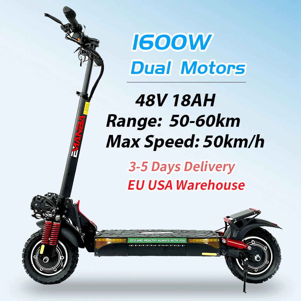 EU USA European Warehouse Adult E-Scooter with 1600W Dual Motors 18 AH Max Speed up to 50km/h Max Durance 60km Electric Scooter