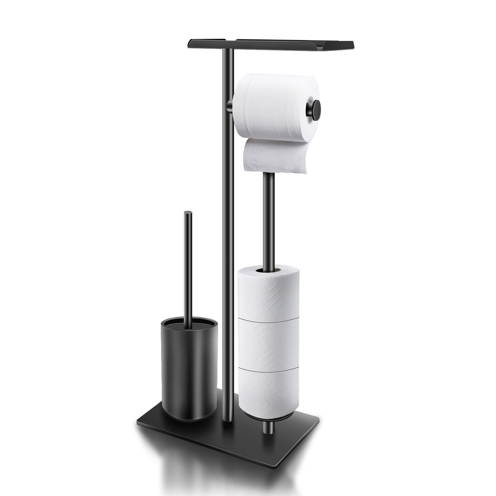 Black Vertical Toilet Brush and Paper Holder with Tissue Storage Independent Bathroom Accessory for Hotels