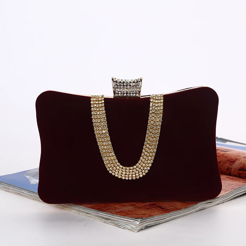 
Wholesales From China Factory Cheap Royal Velvet Crystal Beading Women Purse Big Boxed Evening Clutch Bag With Metal Strap 
