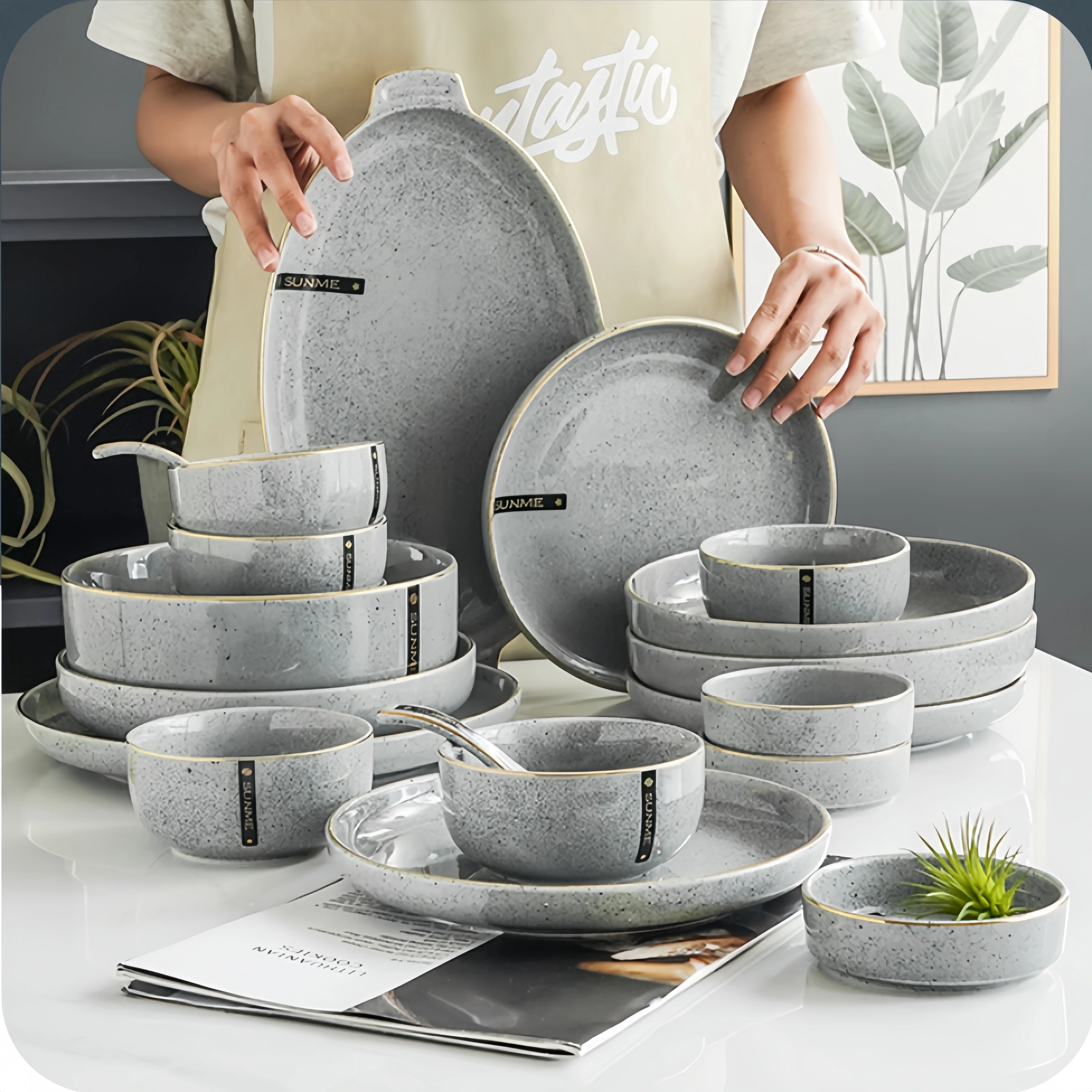 Hotel restaurant customized logo grey ceramic stoneware dinner set luxury plates sets dinnerware