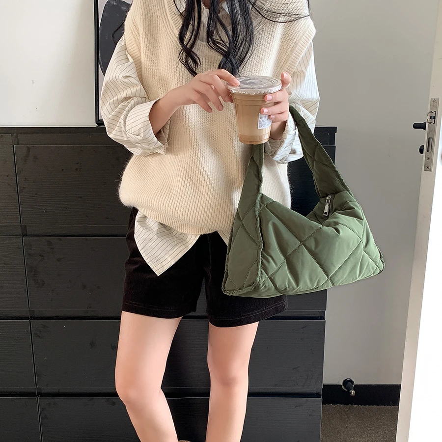 Factory Wholesale High Quality Cotton Tote Bag Nylon Handbag Expanded Olive Green Tote Bag Custom Puff Cotton Fabric Hand Bag
