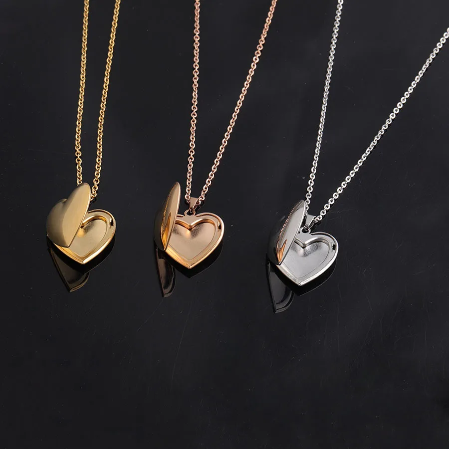 Stainless Steel Photo Frame Chain Necklace Heart Locket Pendant Custom Logo