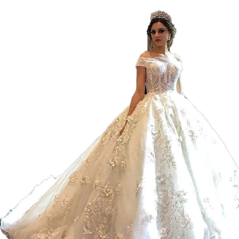 
China ivory off shoulder sweetheart ball gown lace up back hand work wedding dresses vestido de noiva hot selling special dress 