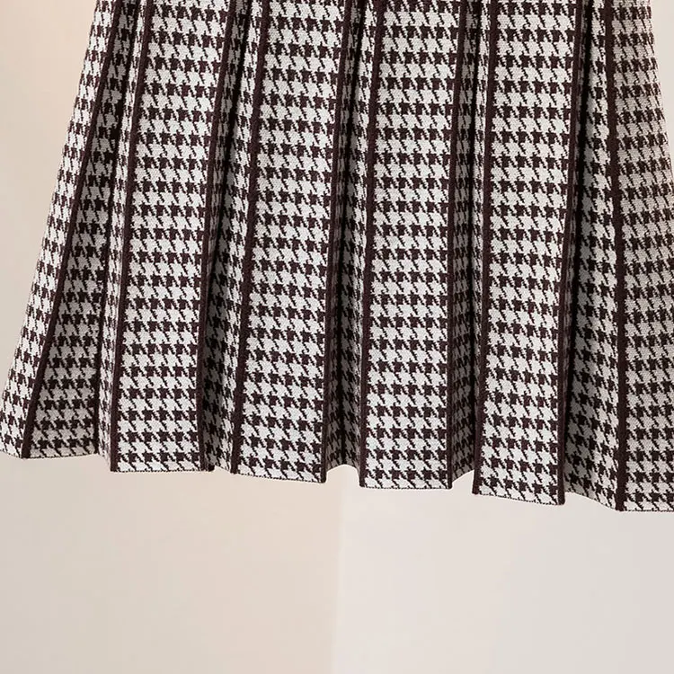 Knitwear manufacturers custom thousand bird grid pattern high waist slim oversize korean fashion knitted pleated mini skirt set