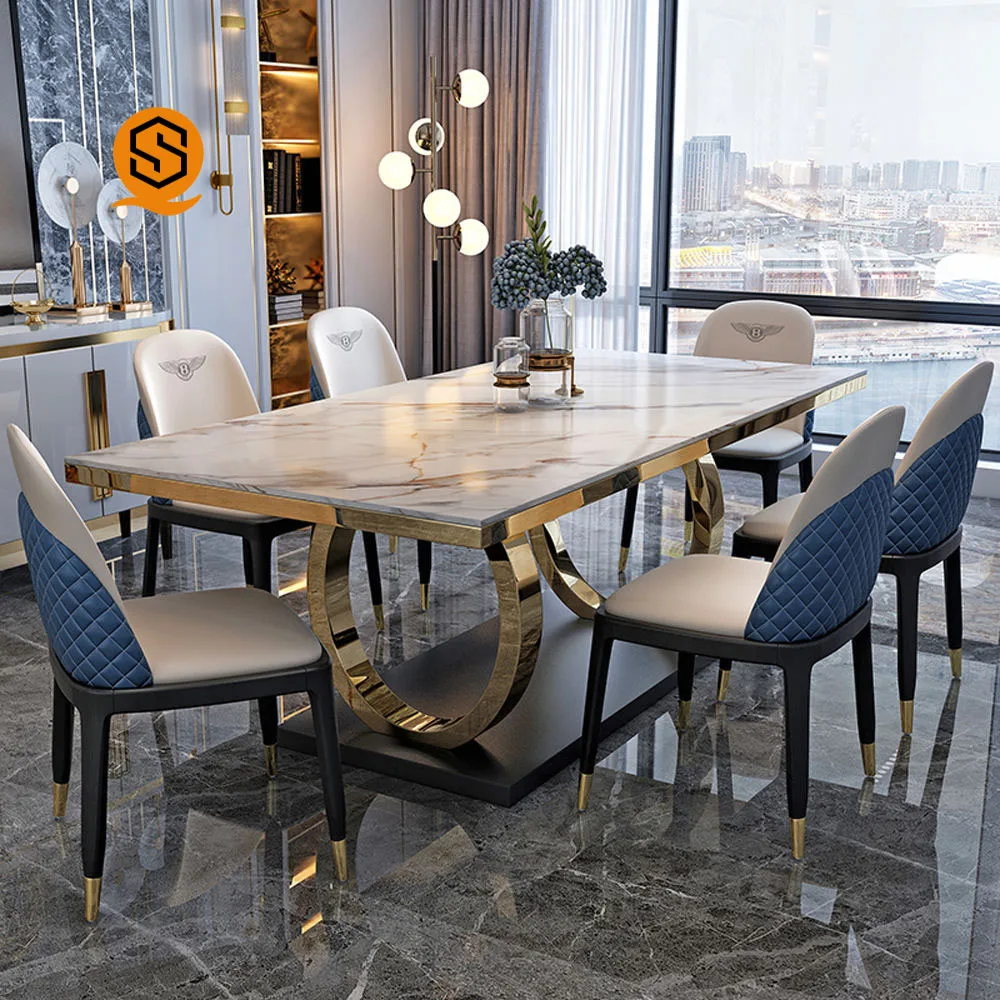 Morden luxury furniture marble stainless steels Kitchen Table Chair full set Extendable Home Use Restaurant Dining table