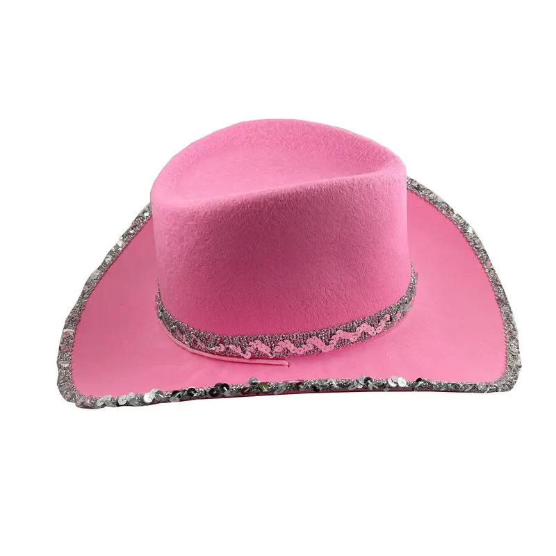 Silver-Brim Western Cowboy Hat with Pink Cover Masquerade Party Headwear for Outdoor Sports Fishing Winter Seasons