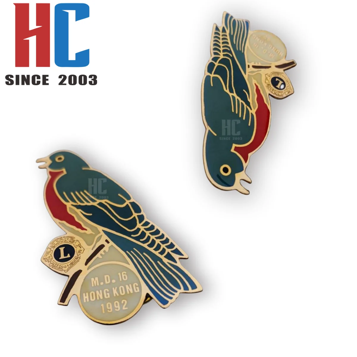 20 Years  Factory Custom Lions Club International 1992 Hong Kong Convention MD 16 Enamel and Gold Tone Bluebird Double Lapel Pin