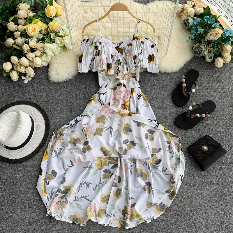 YP Ruffle Vintage Floral Print Summer Off Shoulder Midi Long Dress Party Women Casual Spaghetti Strap Beach Holiday Vestidos